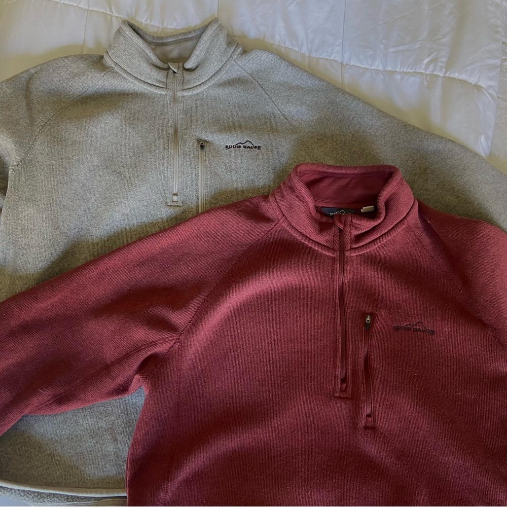 2 Eddie Bauer Fleece Quarter-Zip Sweatshirts Gray & Red